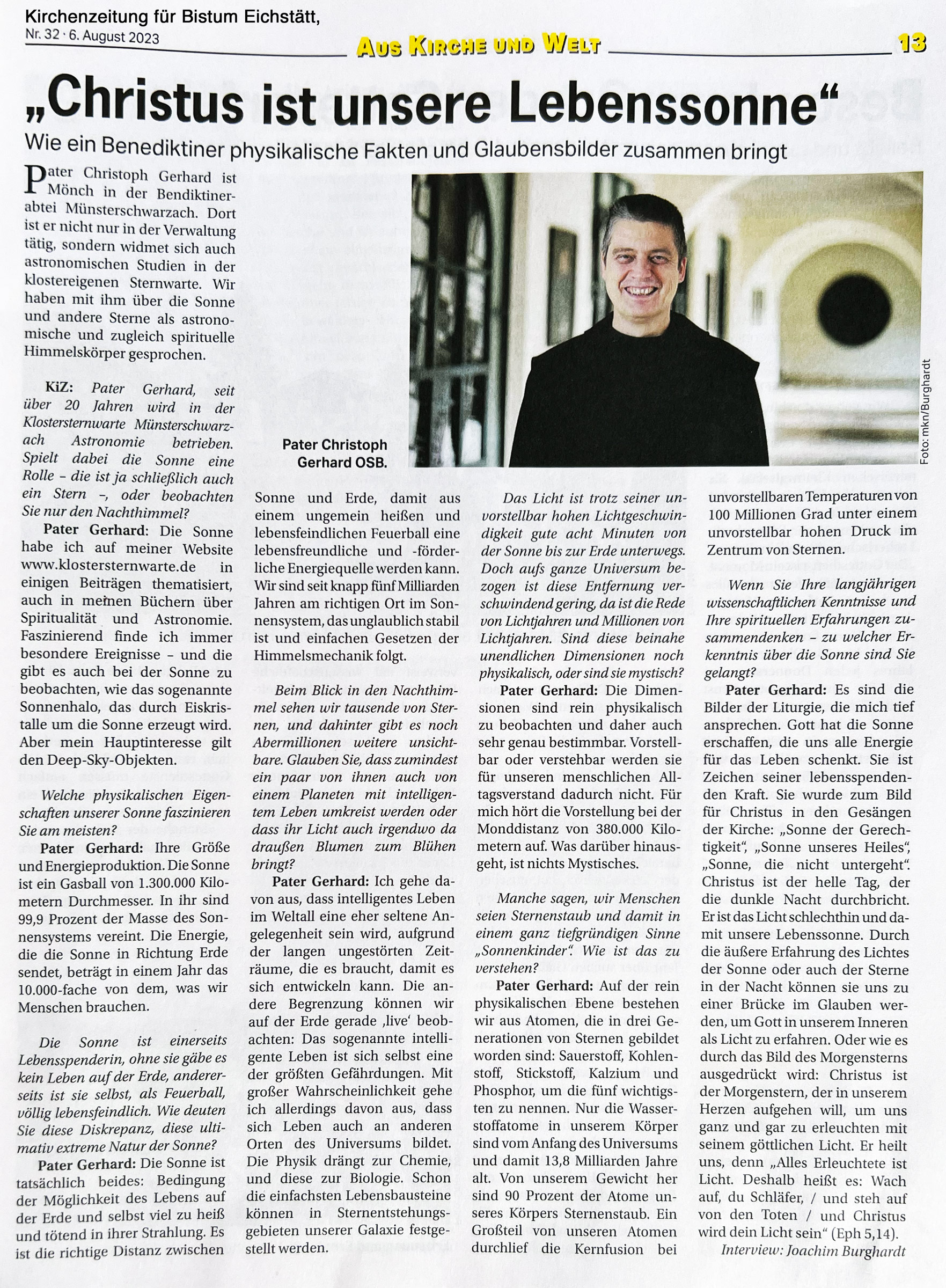 Christus Lebenssonne Interview Kirchenzeitung Eichstaett 202308 gr